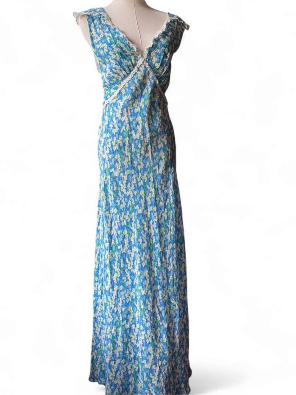 RIXO Blue Floral Wrap Maxi Dress with Lace Trim